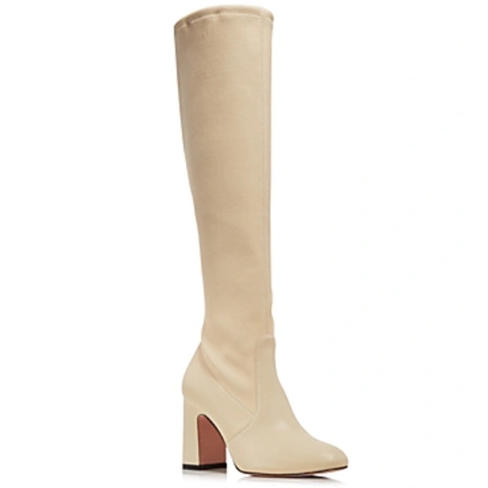 Stuart Weitzman Cream Stretch Leather Knee High Milla Boots in Bisque Size 7.5